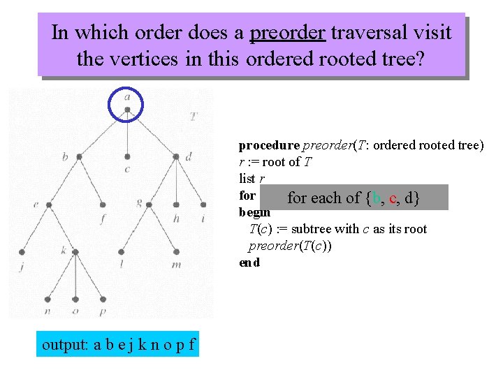 In which order does a preorder traversal visit the vertices in this ordered rooted