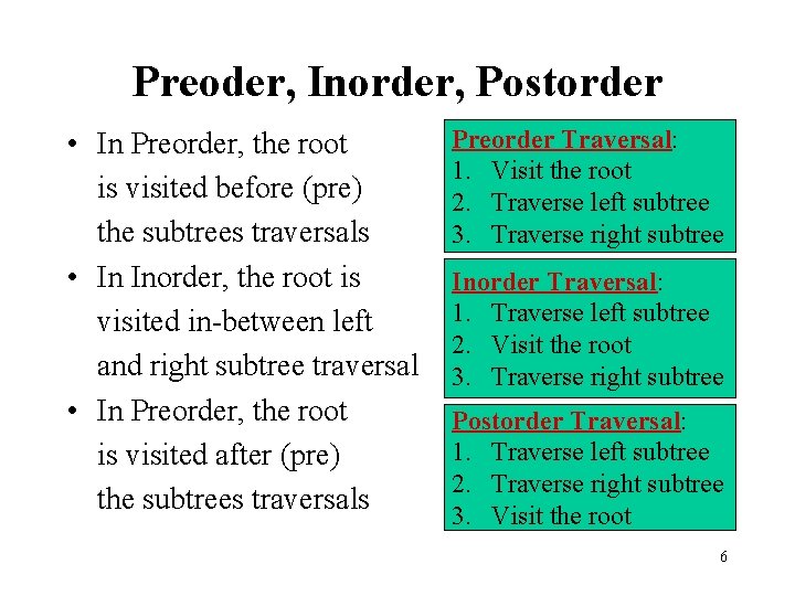 Preoder, Inorder, Postorder • In Preorder, the root is visited before (pre) the subtrees