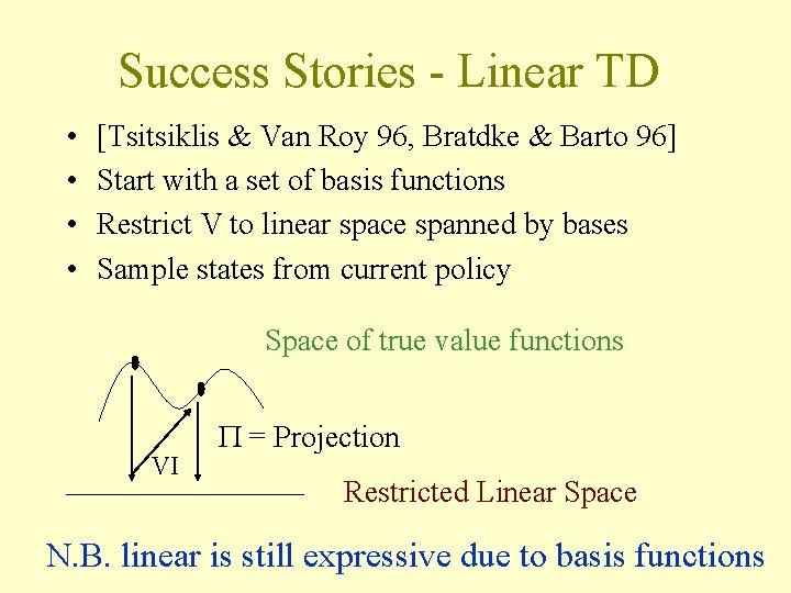 Success Stories - Linear TD • • [Tsitsiklis & Van Roy 96, Bratdke & Success Stories - Linear TD • • [Tsitsiklis & Van Roy 96, Bratdke &
