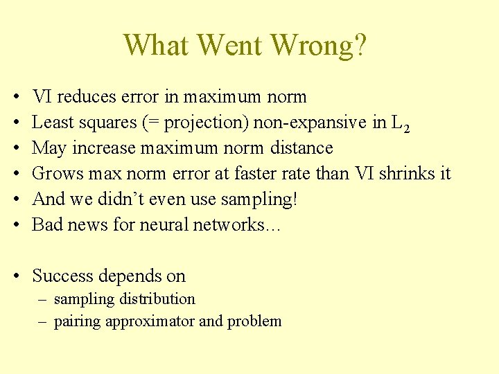What Went Wrong? • • • VI reduces error in maximum norm Least squares What Went Wrong? • • • VI reduces error in maximum norm Least squares