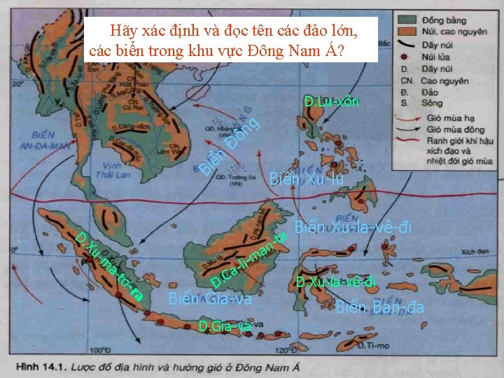 Hãy xác định và đọc tên các đảo lớn, các biển trong khu vực