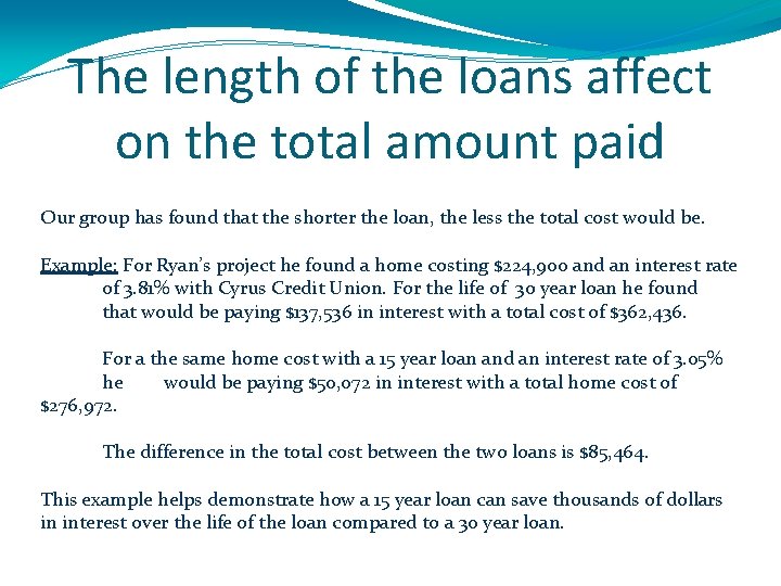 The length of the loans affect on the total amount paid Our group has