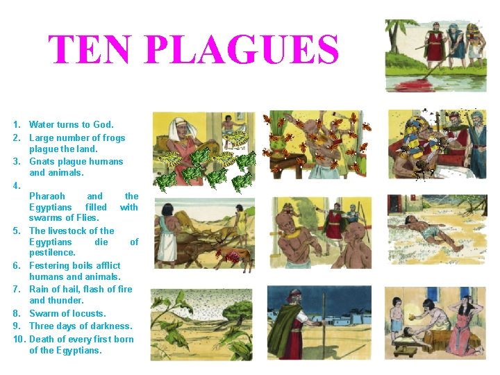 TEN PLAGUES 1. Water turns to God. 2. Large number of frogs plague the