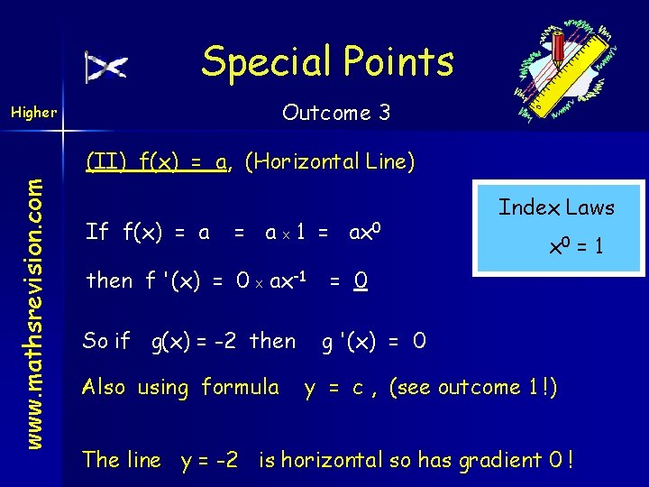 Special Points Outcome 3 Higher www. mathsrevision. com (II) f(x) = a, (Horizontal Line)
