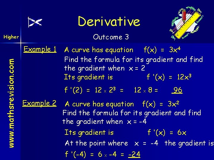 Derivative Outcome 3 Higher www. mathsrevision. com Example 1 A curve has equation f(x)