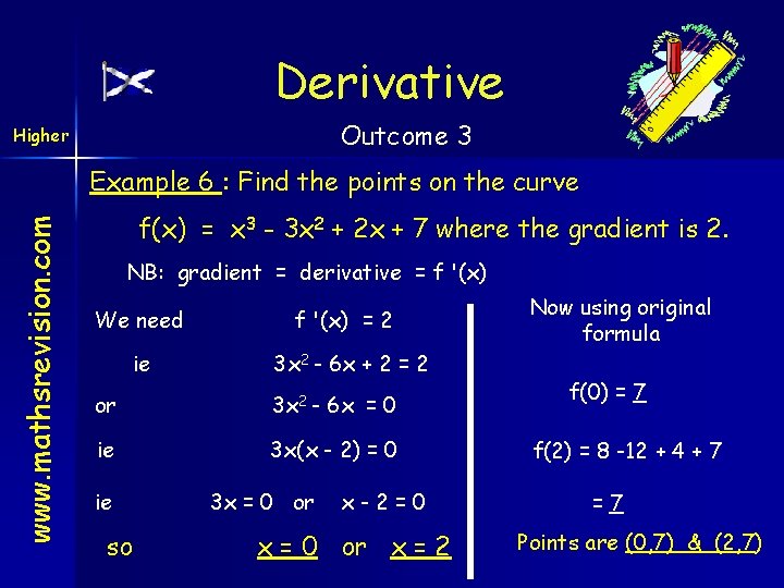 Derivative Outcome 3 Higher www. mathsrevision. com Example 6 : Find the points on