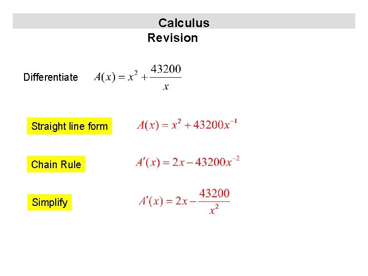 Calculus Revision Differentiate Straight line form Chain Rule Simplify 