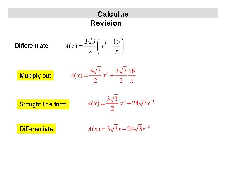 Calculus Revision Differentiate Multiply out Straight line form Differentiate 