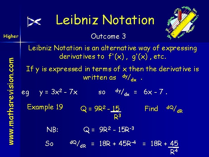 Leibniz Notation Outcome 3 www. mathsrevision. com Higher Leibniz Notation is an alternative way
