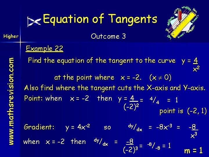 Equation of Tangents Outcome 3 Higher www. mathsrevision. com Example 22 Find the equation