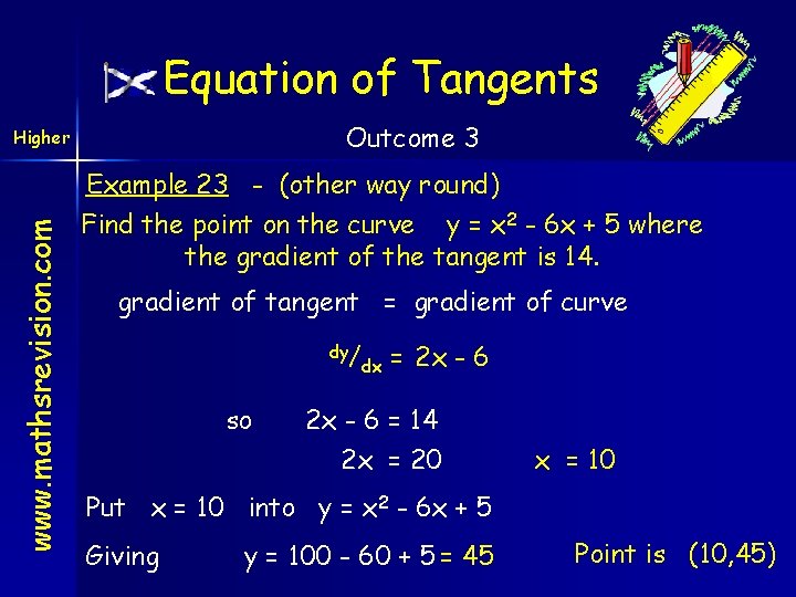 Equation of Tangents Outcome 3 Higher www. mathsrevision. com Example 23 - (other way
