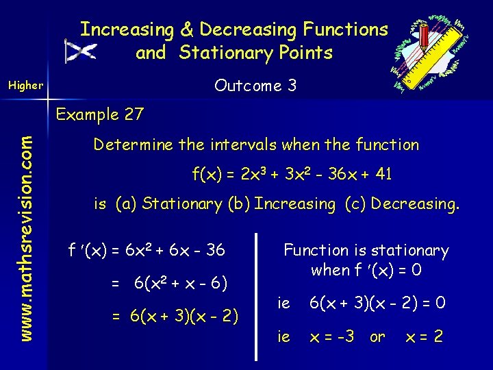 Increasing & Decreasing Functions and Stationary Points Outcome 3 Higher www. mathsrevision. com Example