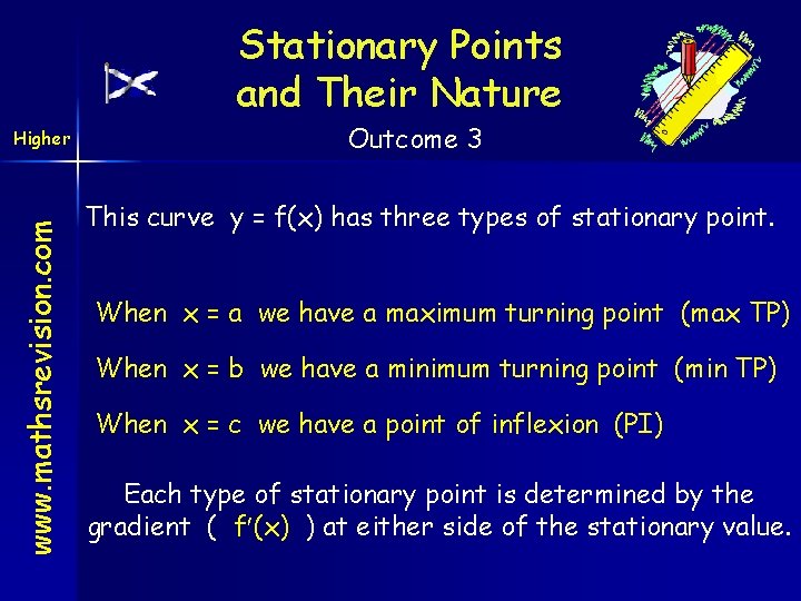 Stationary Points and Their Nature www. mathsrevision. com Higher Outcome 3 This curve y