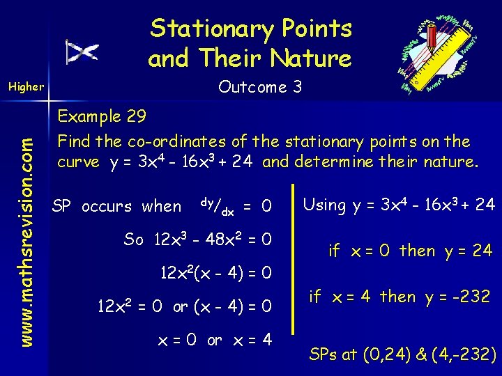 Stationary Points and Their Nature Outcome 3 www. mathsrevision. com Higher Example 29 Find