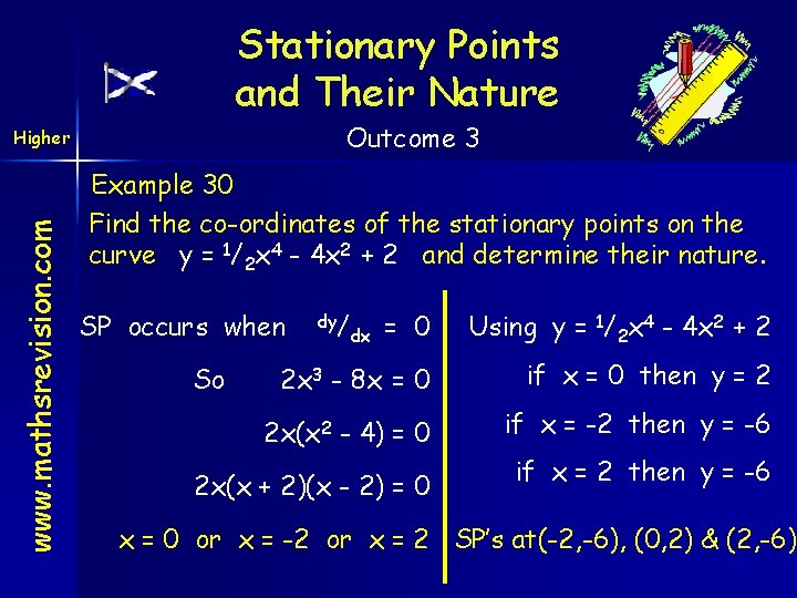 Stationary Points and Their Nature Outcome 3 www. mathsrevision. com Higher Example 30 Find