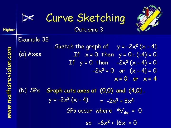 Curve Sketching Outcome 3 Higher www. mathsrevision. com Example 32 (a) Axes (b) SPs