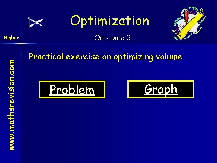 Optimization www. mathsrevision. com Higher Outcome 3 Practical exercise on optimizing volume. Problem Graph