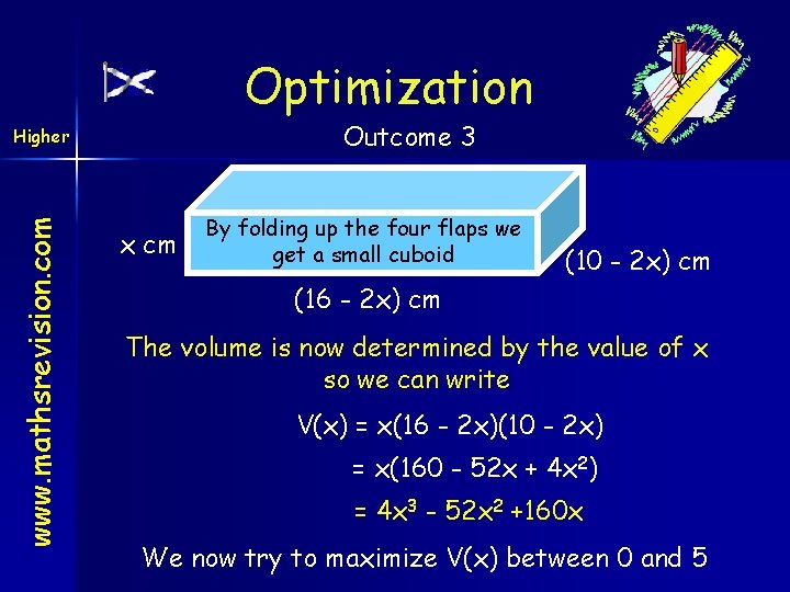 Optimization Outcome 3 www. mathsrevision. com Higher x cm By folding up the four