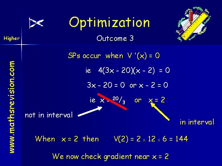 Optimization Outcome 3 Higher www. mathsrevision. com SPs occur when V '(x) = 0