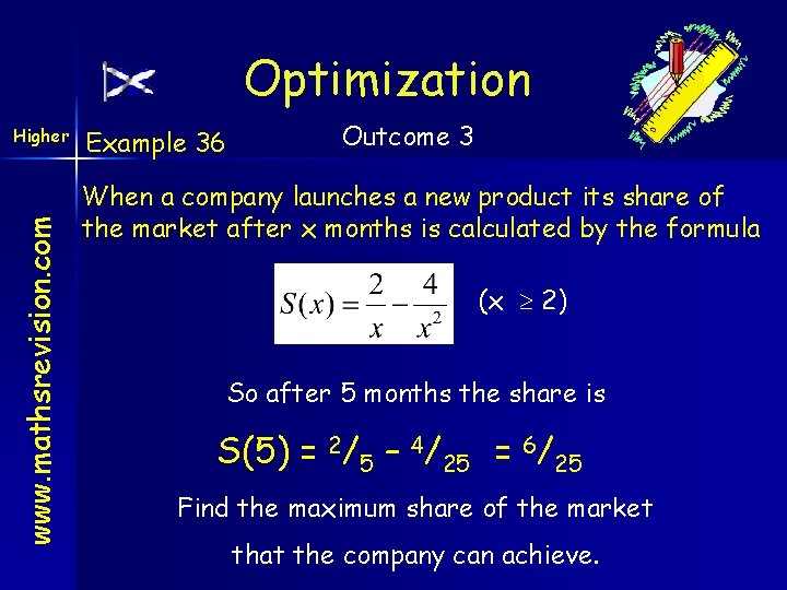 Optimization www. mathsrevision. com Higher Example 36 Outcome 3 When a company launches a