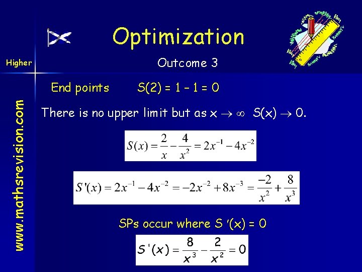 Optimization Outcome 3 Higher www. mathsrevision. com End points S(2) = 1 – 1