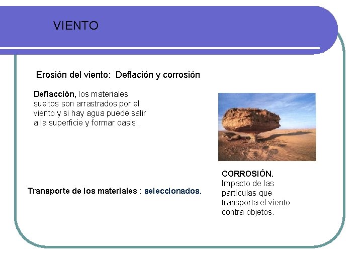 VIENTO Erosión del viento: Deflación y corrosión Deflacción, los materiales sueltos son arrastrados por VIENTO Erosión del viento: Deflación y corrosión Deflacción, los materiales sueltos son arrastrados por
