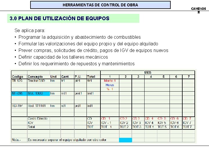 HERRAMIENTAS DE CONTROL DE OBRA 3. 0 PLAN DE UTILIZACIÓN DE EQUIPOS Se aplica