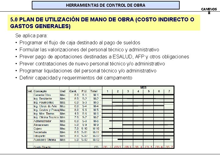 HERRAMIENTAS DE CONTROL DE OBRA 5. 0 PLAN DE UTILIZACIÓN DE MANO DE OBRA