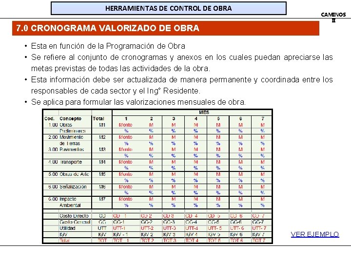 HERRAMIENTAS DE CONTROL DE OBRA 7. 0 CRONOGRAMA VALORIZADO DE OBRA CAMINOS II • HERRAMIENTAS DE CONTROL DE OBRA 7. 0 CRONOGRAMA VALORIZADO DE OBRA CAMINOS II •