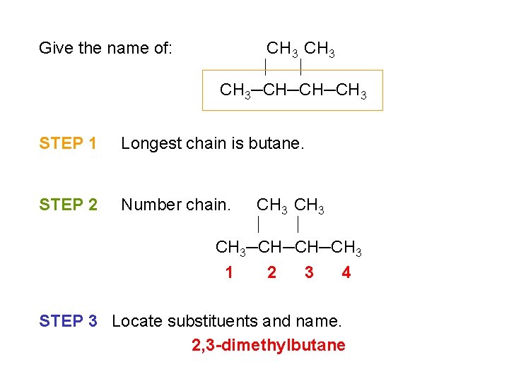 Give the name of: CH 3─CH─CH─CH 3 STEP 1 Longest chain is butane. STEP