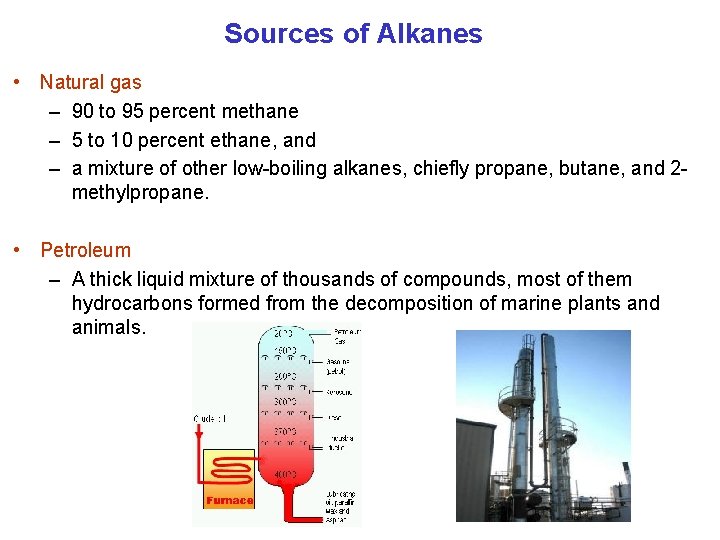 Sources of Alkanes • Natural gas – 90 to 95 percent methane – 5