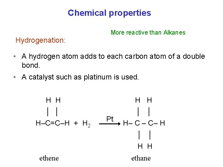 Chemical properties More reactive than Alkanes Hydrogenation: • A hydrogen atom adds to each