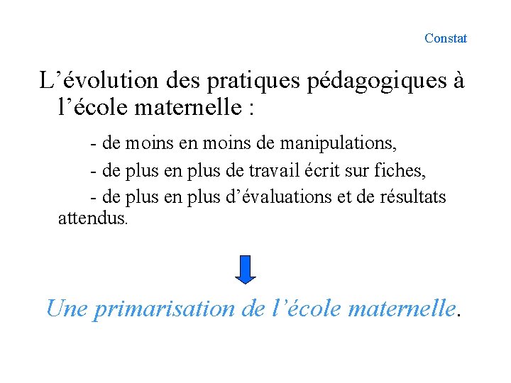 Constat L’évolution des pratiques pédagogiques à l’école maternelle : - de moins en moins