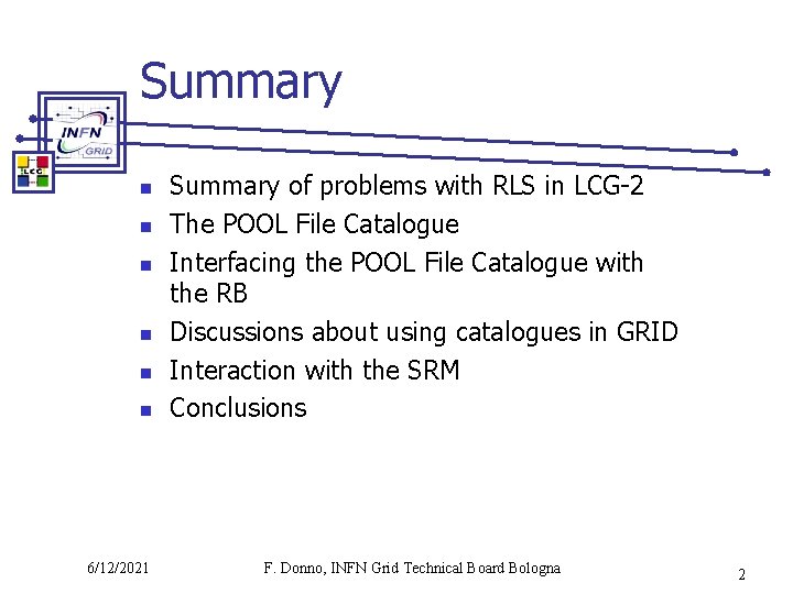 Summary n n n 6/12/2021 Summary of problems with RLS in LCG-2 The POOL