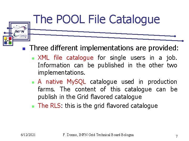 The POOL File Catalogue n Three different implementations are provided: n n n 6/12/2021