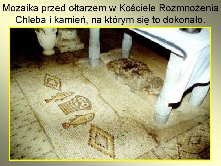 Mozaika przed ołtarzem w Kościele Rozmnożenia Chleba i kamień, na którym się to dokonało.