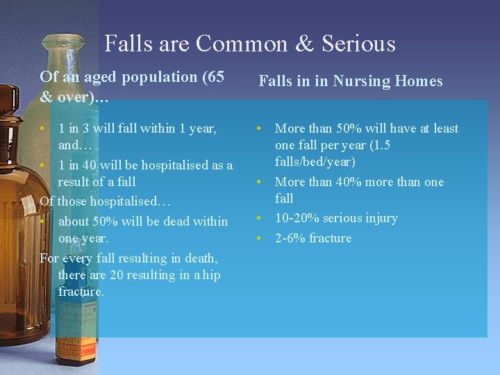 Falls are Common & Serious Of an aged population (65 & over)… Falls in