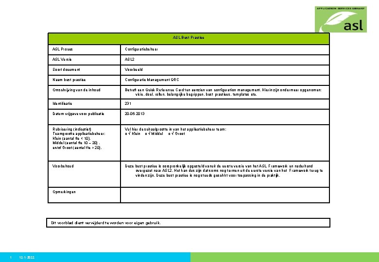 ASL Best Practice ASL Proces Configuratiebeheer ASL Versie ASL 2 Soort document Voorbeeld Naam