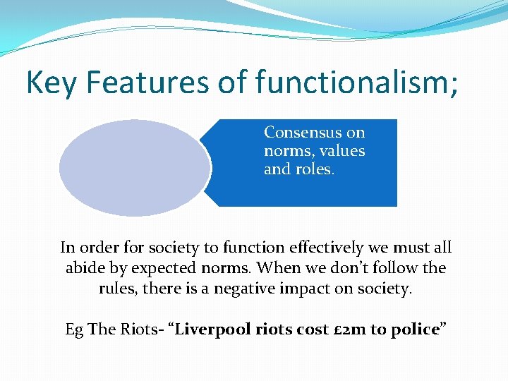 Key Features of functionalism; Consensus on norms, values and roles. In order for society