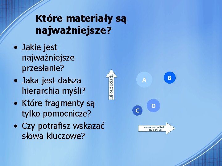  • Jakie jest najważniejsze przesłanie? • Jaka jest dalsza hierarchia myśli? • Które