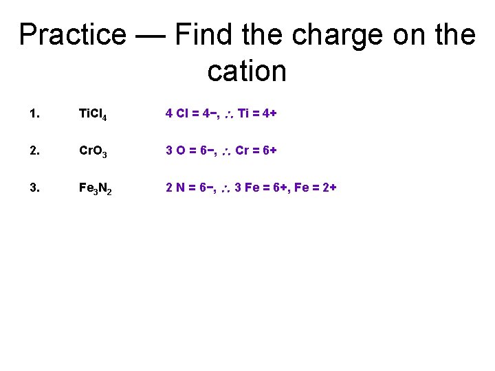 Practice — Find the charge on the cation 1. Ti. Cl 4 4 Cl