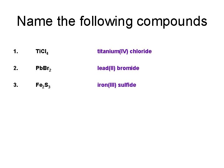Name the following compounds 1. Ti. Cl 4 titanium(IV) chloride 2. Pb. Br 2