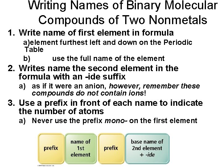 Writing Names of Binary Molecular Compounds of Two Nonmetals 1. Write name of first