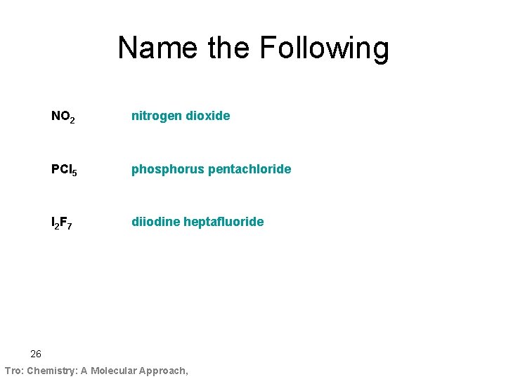 Name the Following NO 2 nitrogen dioxide PCl 5 phosphorus pentachloride I 2 F
