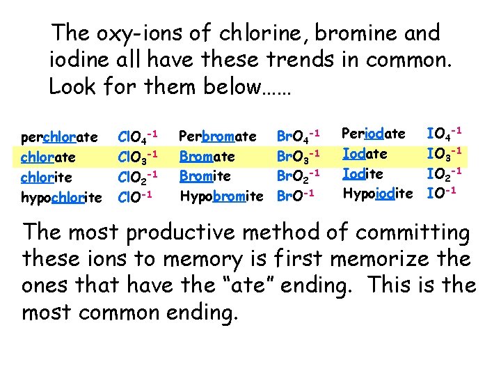 The oxy-ions of chlorine, bromine and iodine all have these trends in common. Look