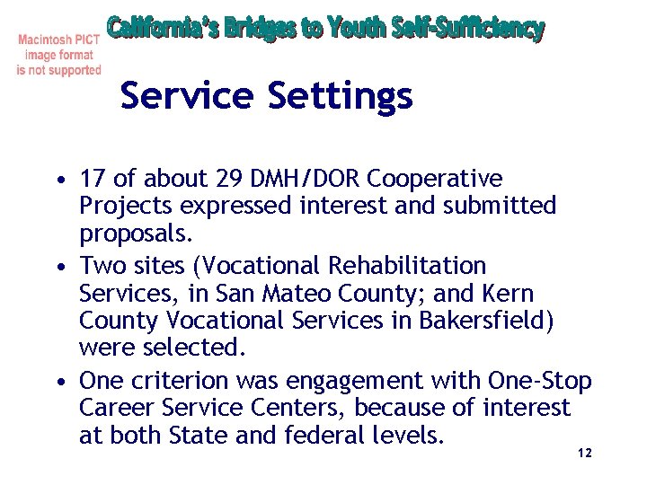 Service Settings • 17 of about 29 DMH/DOR Cooperative Projects expressed interest and submitted