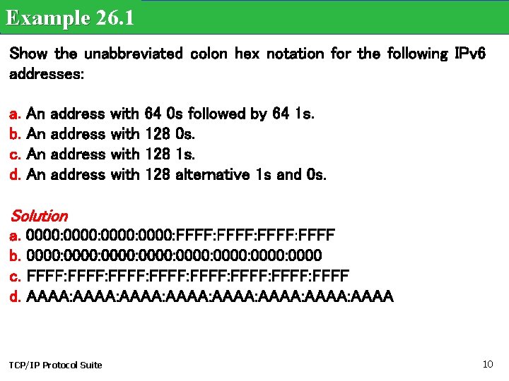 Example 26. 1 Show the unabbreviated colon hex notation for the following IPv 6