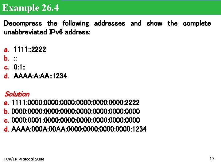 Example 26. 4 Decompress the following addresses and show the complete unabbreviated IPv 6