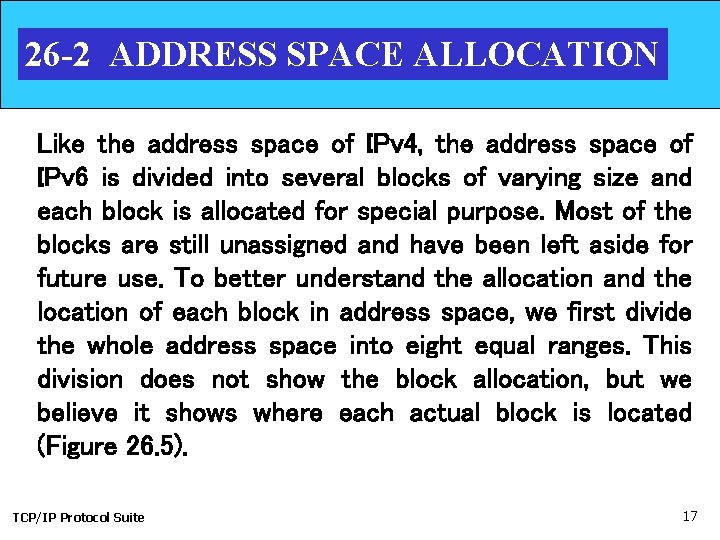 26 -2 ADDRESS SPACE ALLOCATION Like the address space of IPv 4, the address