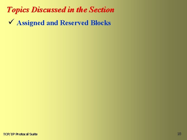 Topics Discussed in the Section ü Assigned and Reserved Blocks TCP/IP Protocol Suite 18